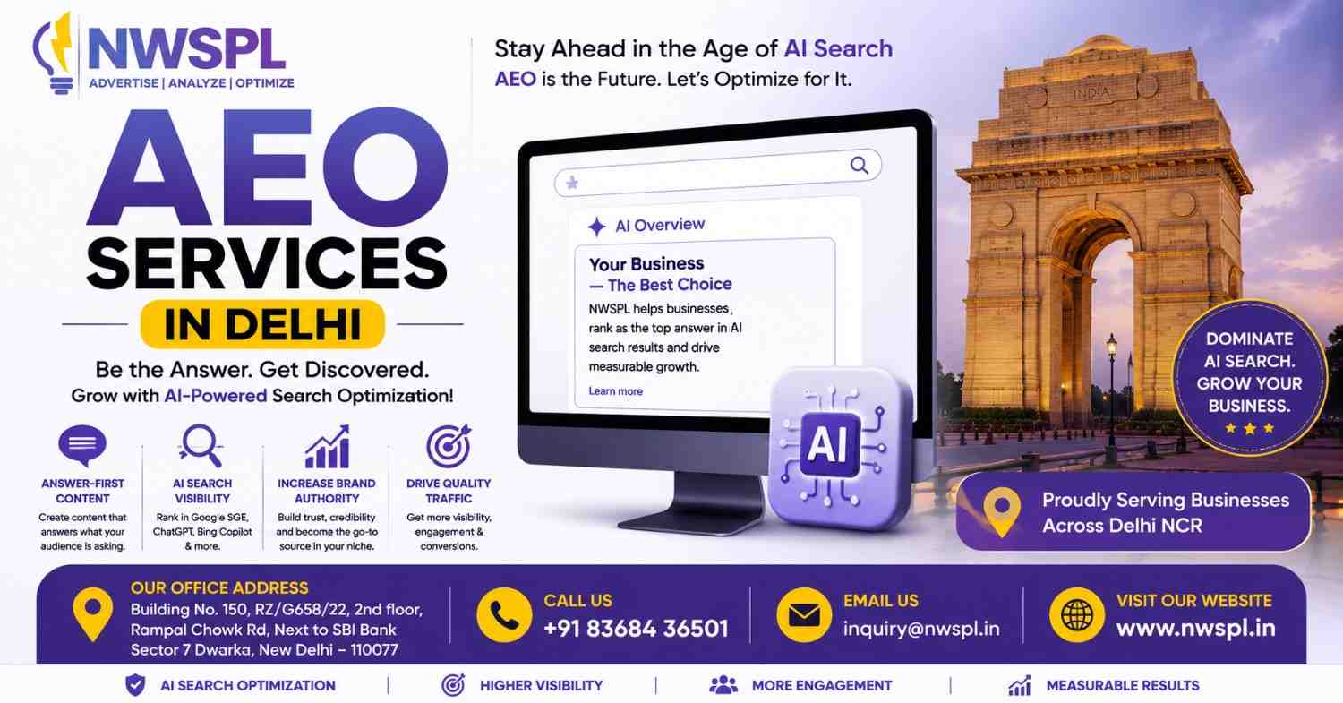AEO Services in Delhi banner by NWSPL featuring AI-powered search optimization, answer engine optimization strategies, improved search visibility, business growth solutions, and contact information for businesses in Delhi NCR.