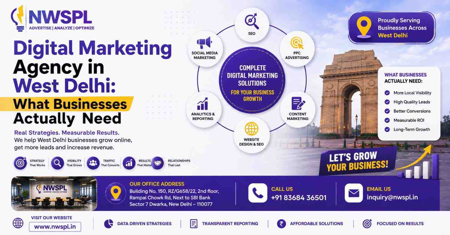 Digital marketing agency in West Delhi banner by NWSPL featuring SEO, social media marketing, PPC advertising, content marketing, analytics, and business growth solutions for local businesses.