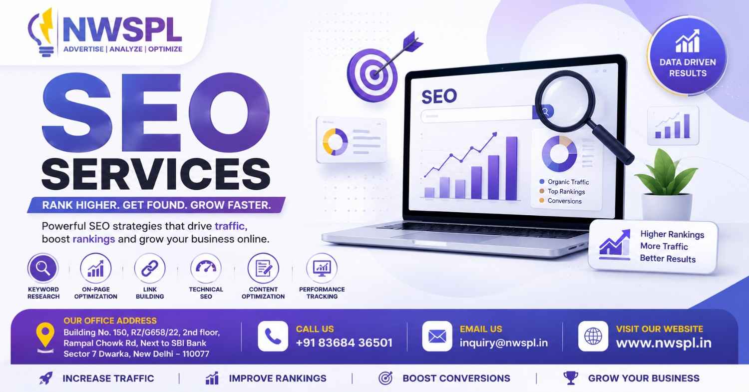 SEO Services promotional banner by NWSPL featuring search engine optimization solutions, keyword research, technical SEO, content optimization, link building, performance tracking, office address in New Delhi, and contact details for business growth.