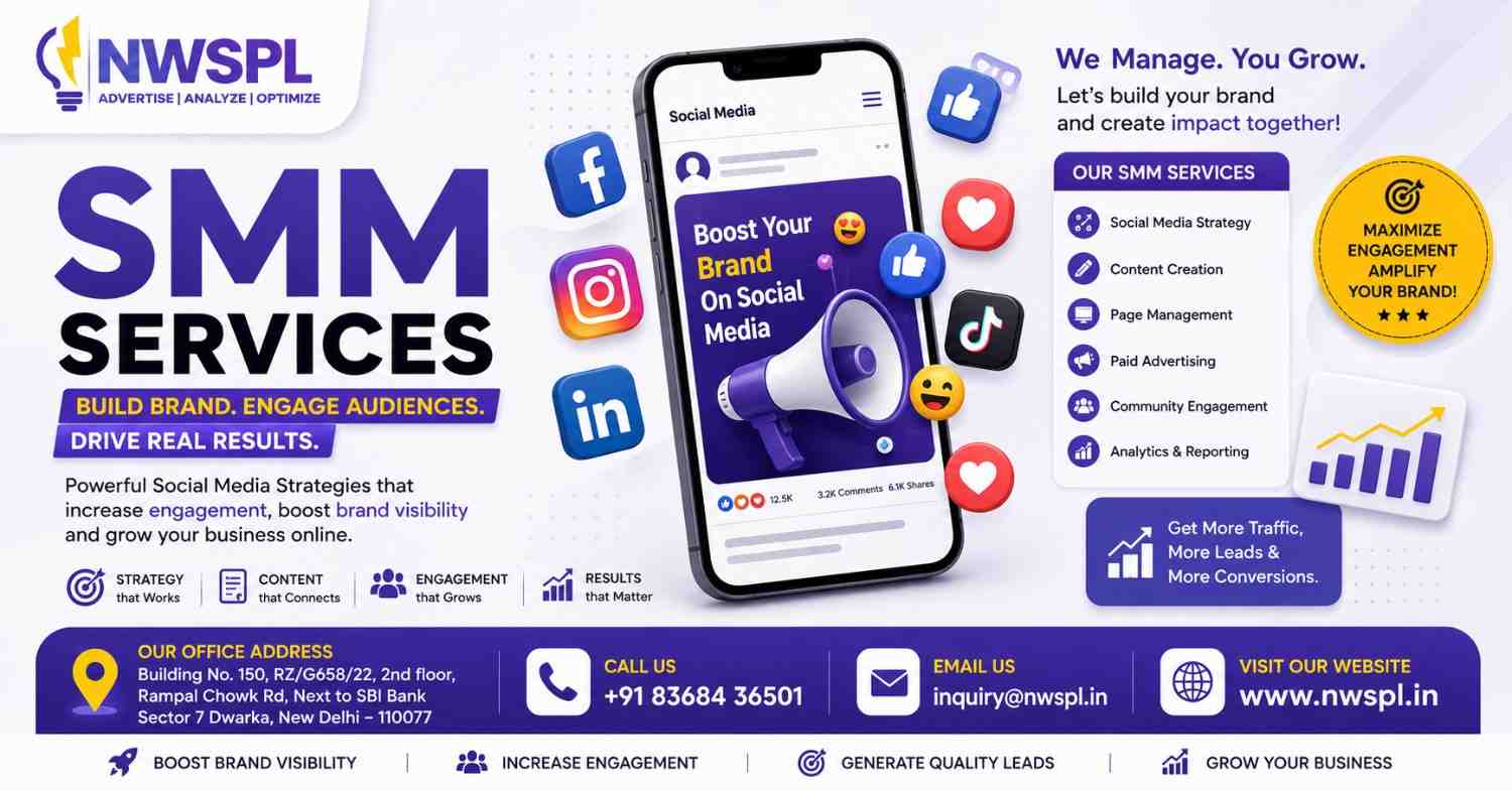 SMM Services banner by NWSPL featuring social media marketing solutions, content creation, paid advertising, community engagement, analytics, and contact information for businesses seeking online growth.