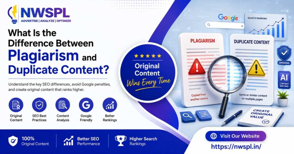 Illustration explaining the difference between plagiarism and duplicate content for SEO with original content best practices by NWSPL
