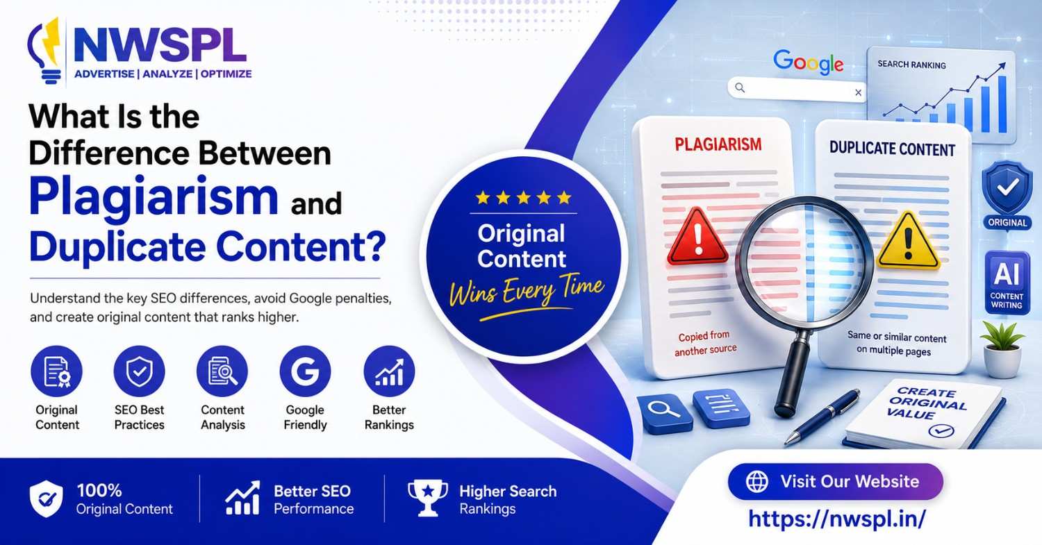 Illustration explaining the difference between plagiarism and duplicate content for SEO with original content best practices by NWSPL