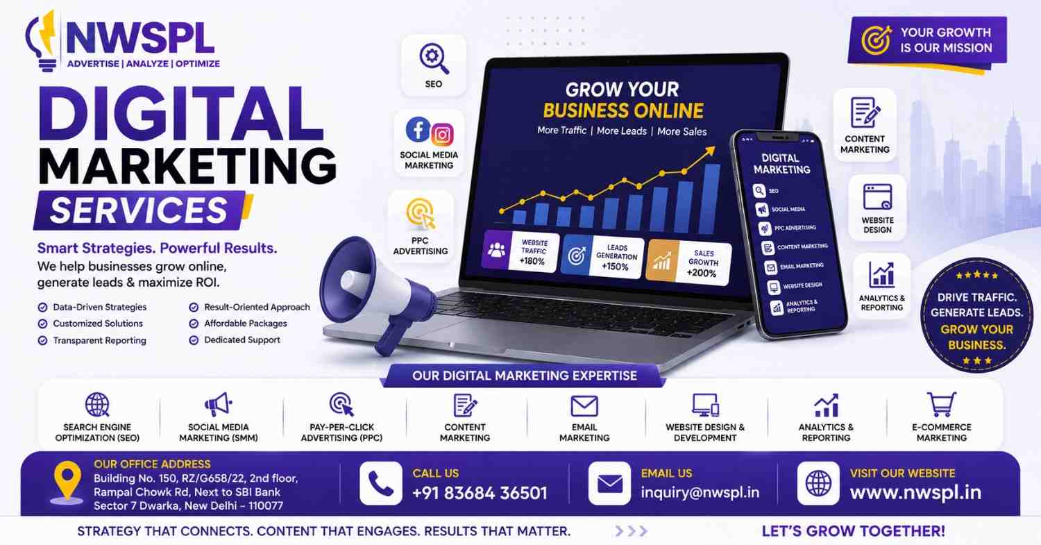 Digital Marketing Services banner by NWSPL featuring SEO, social media marketing, PPC advertising, content marketing, website design, analytics, and lead generation solutions for business growth.