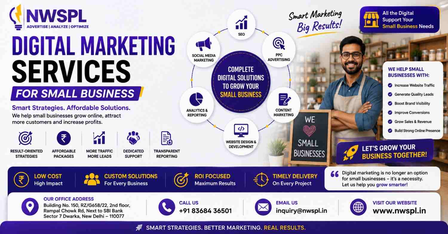 Digital Marketing Services for Small Business banner by NWSPL featuring SEO, social media marketing, PPC advertising, content marketing, website development, analytics, and affordable growth solutions.