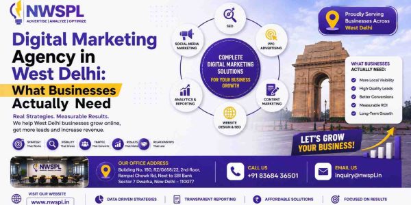 Digital marketing agency in West Delhi banner by NWSPL featuring SEO, social media marketing, PPC advertising, content marketing, analytics, and business growth solutions for local businesses.