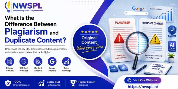 Illustration explaining the difference between plagiarism and duplicate content for SEO with original content best practices by NWSPL
